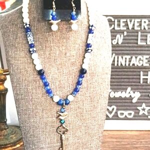 Artisan Necklace & earrings Blue gemstone, seaglass, birds and key NEW